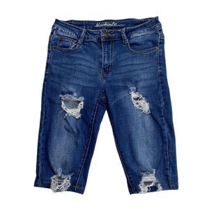 Machine Distressed Stretch Denim Bermuda Shorts Blue Sz 28